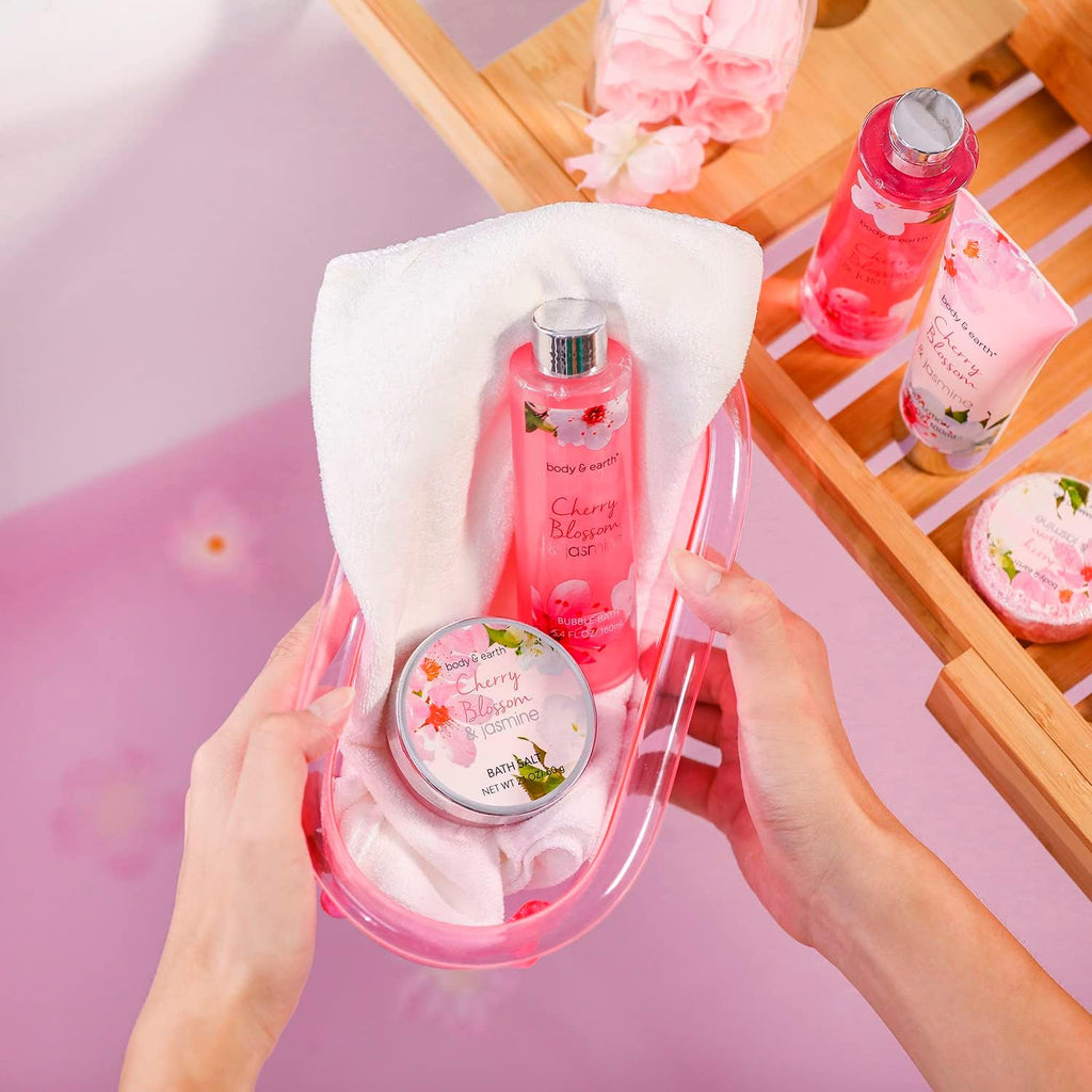 Coffret Bain Et Corps-Panier-Cadeau De 8 Pièces Au Parfum De Fleur De Cerisier Et De Jasmin, Coffret Cadeau Parfait Pour Les Femmes De L’Anniversaire, Cadeau Noel