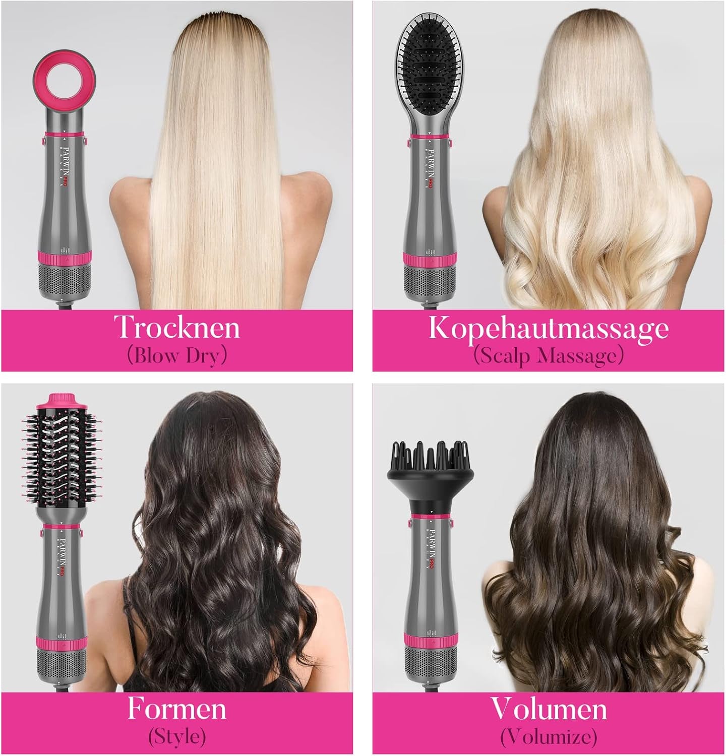 Ensemble De Styler 4 EN 1,  Brosse Soufflante Et Sèche Cheveux, Avec Accessoires, Sécher, Lisser, Donner Du Volume Coiffer, Seche Cheveux Soins Ioniques, 1000W (GRIS)
