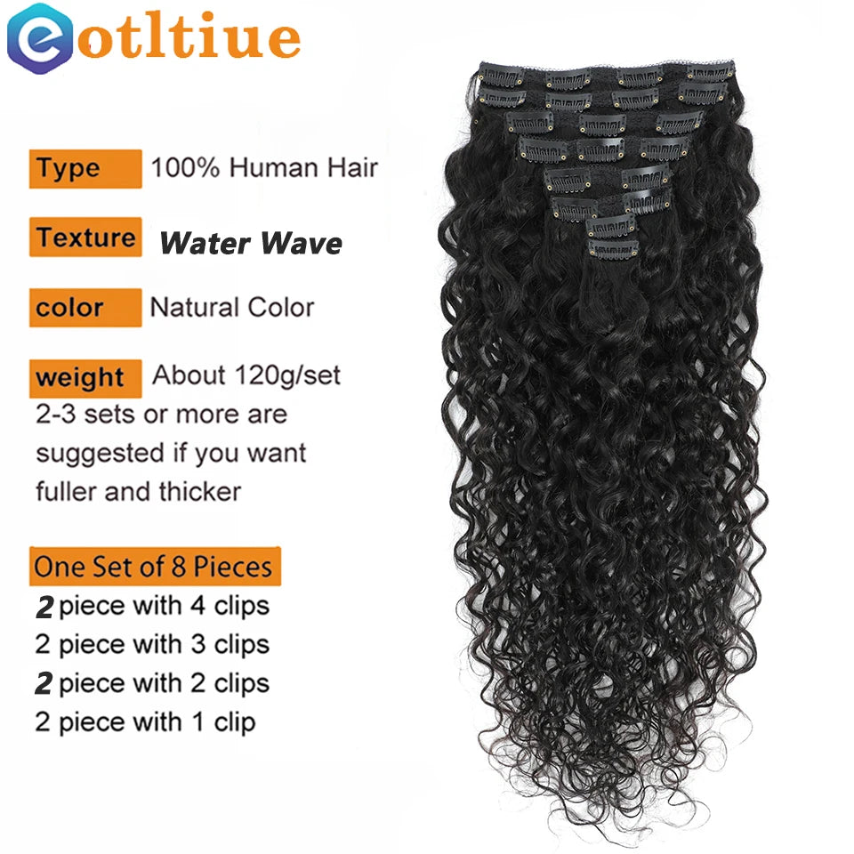 Water Wave Clip in Hair Extensions Human Hair Brazilian Human Hair 8 Pieces and 120G/Set Natural Color 12-26 Inches Remy Hair