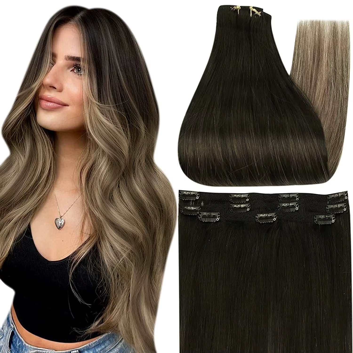 50 Grams Clip in Hair Extensions Human Hair Ombre Color 3Pcs Human Hair Clip in Extensions for Women