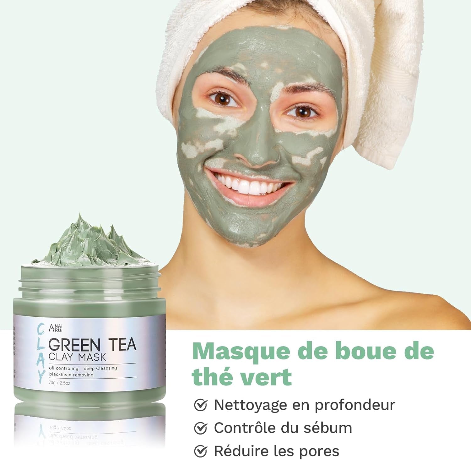 Anairui Masque Visage Au Curcuma - Masque D'Argile Détox Au Thé Vert - Masque De Boue Aux Minéraux De La Mer Morte, Masques Visage Kit, Nettoyer Et Détoxifie, 210G