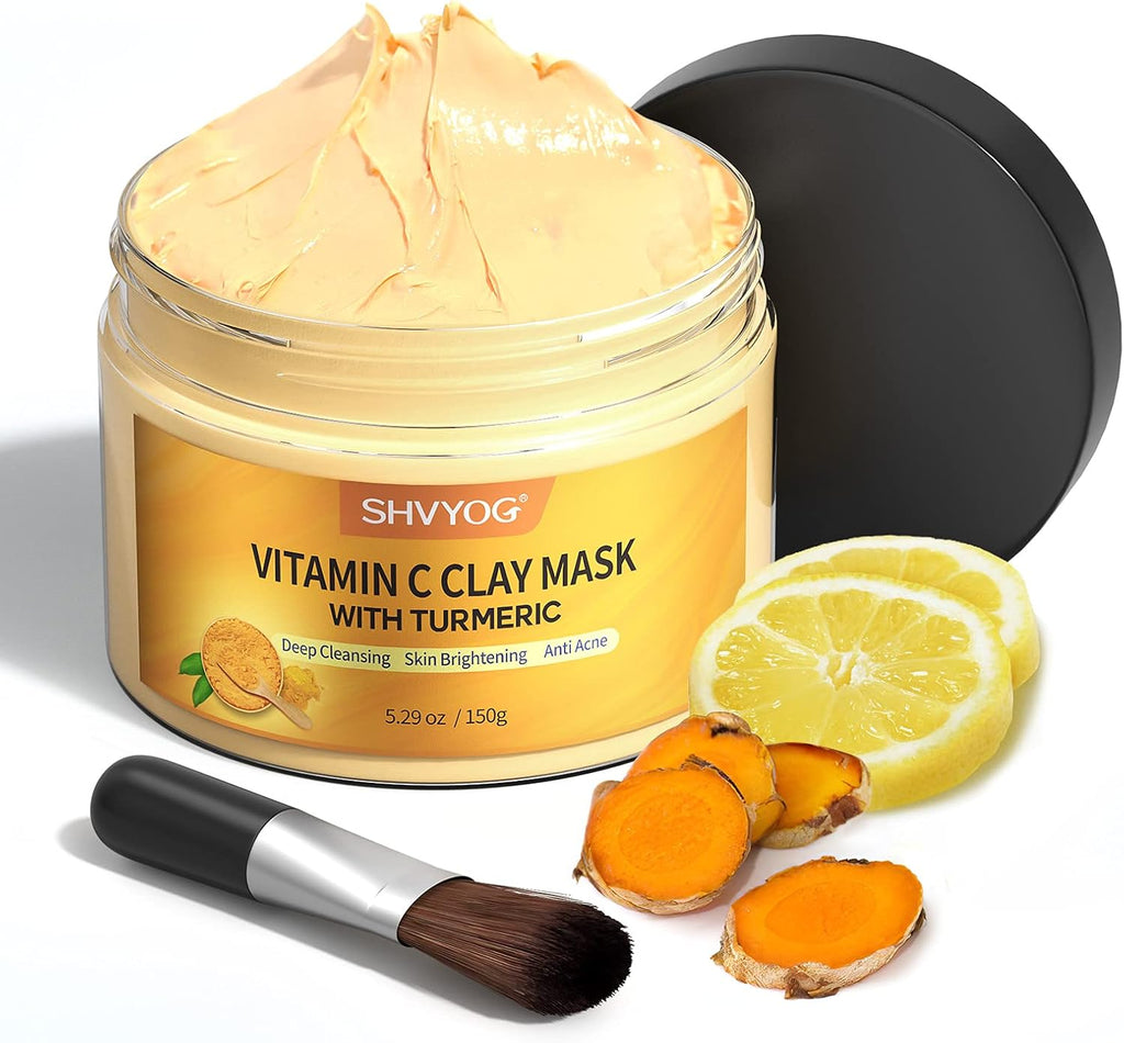 Masque À L'Argile Curcuma Et Vitamine C, Masque Facial À L'Argile Kaolin Pour Les Taches Brunes, Contrôle L'Acné, Le Sébum Et Affine Les Pores, Uniformise Le Teint, Nettoie En Profondeur 150G