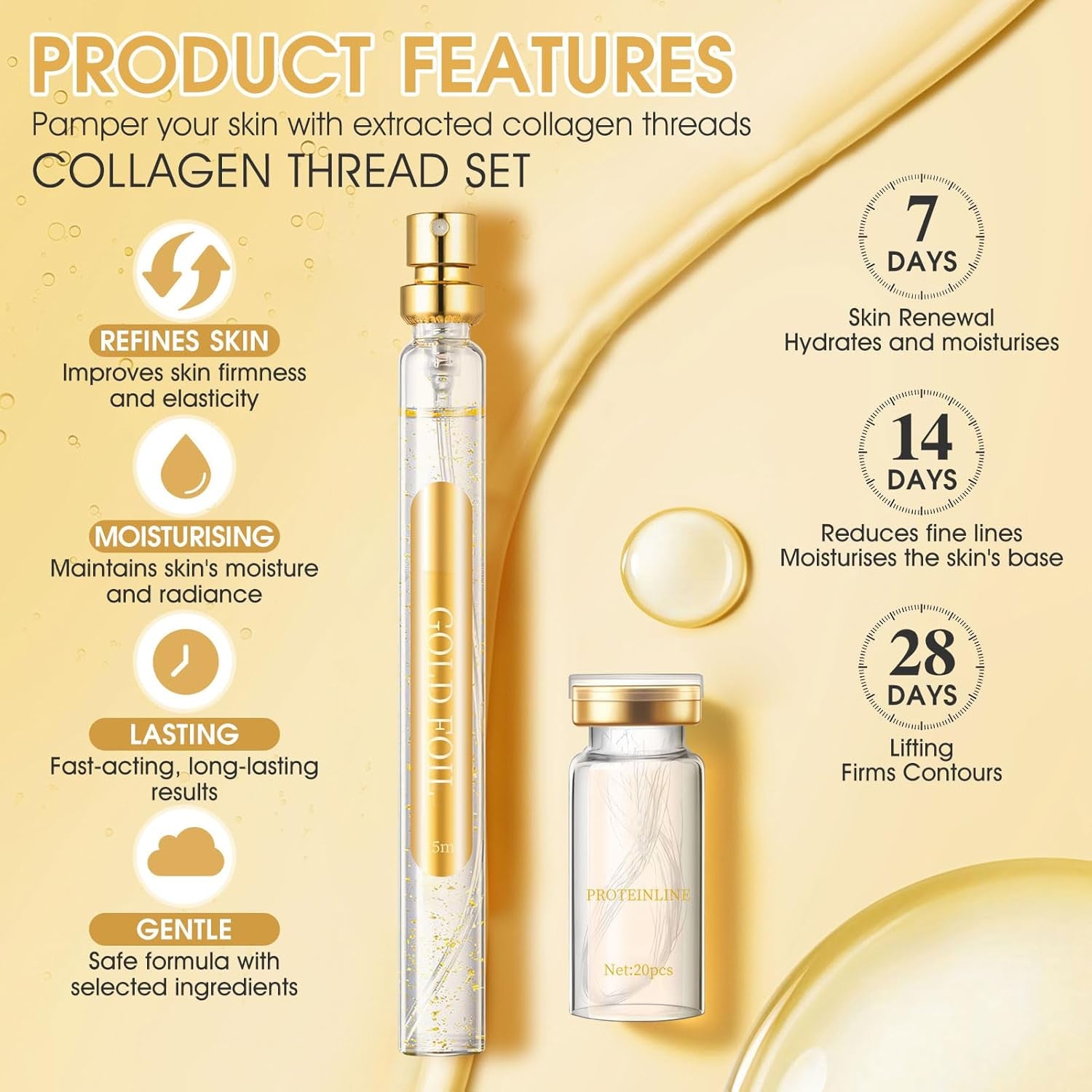 Allony Fil De Soie Collagene, Fil De Collagene Pour Le Visage, 75Ml Serum Visage+20Pcs Fils De Collagène Résorbables, Lifting Visage, Améliorer La Peau En Général