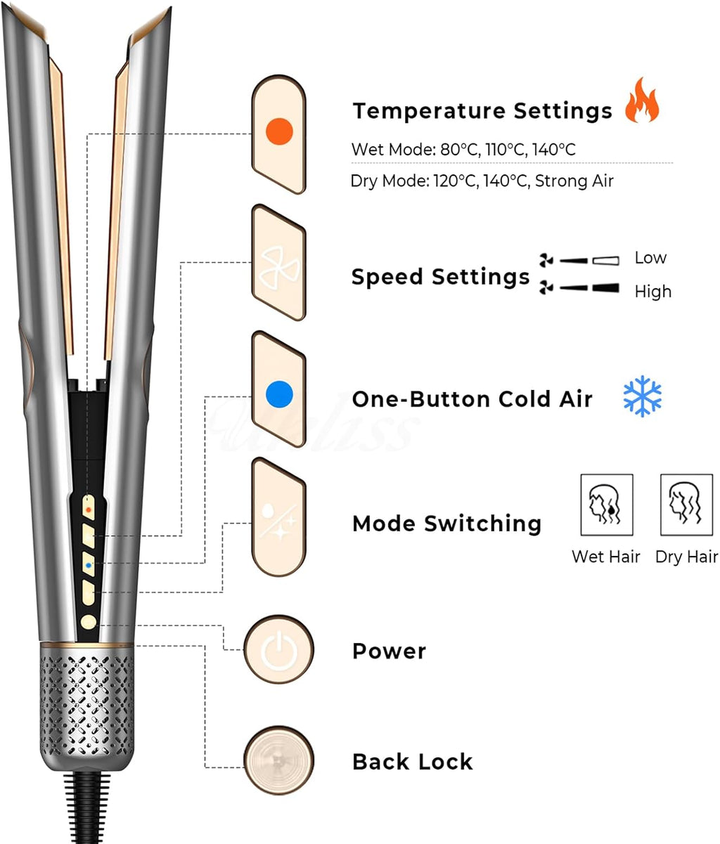 Sèche-Cheveux Lisseur 2 En 1, Lisseur À Air Ionique 200 M/Min - Plasma Coiffage Mouillé À Sec, Sans Dommage Thermique, Séchage & Lissage Rapide Pour Cheveux Mi-Longs À Longs - 4 Réglages Température