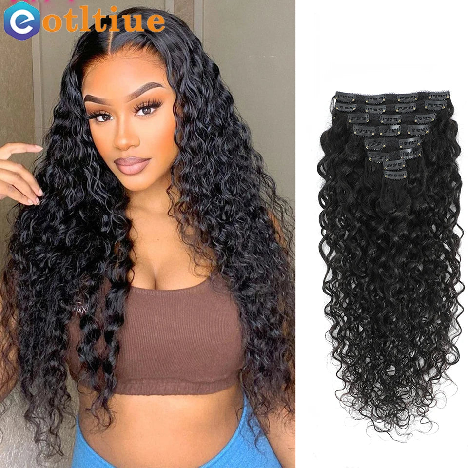 Water Wave Clip in Hair Extensions Human Hair Brazilian Human Hair 8 Pieces and 120G/Set Natural Color 12-26 Inches Remy Hair
