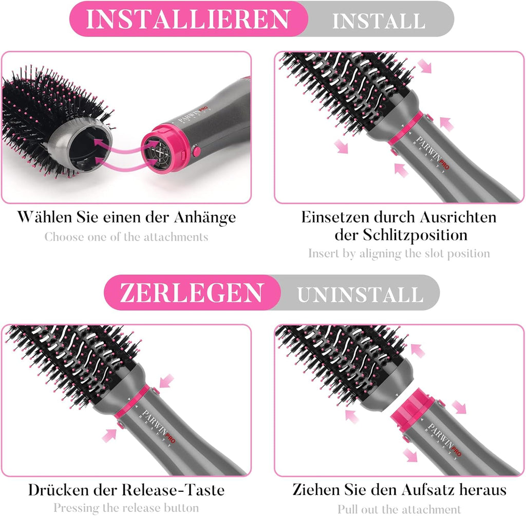 Ensemble De Styler 4 EN 1,  Brosse Soufflante Et Sèche Cheveux, Avec Accessoires, Sécher, Lisser, Donner Du Volume Coiffer, Seche Cheveux Soins Ioniques, 1000W (GRIS)