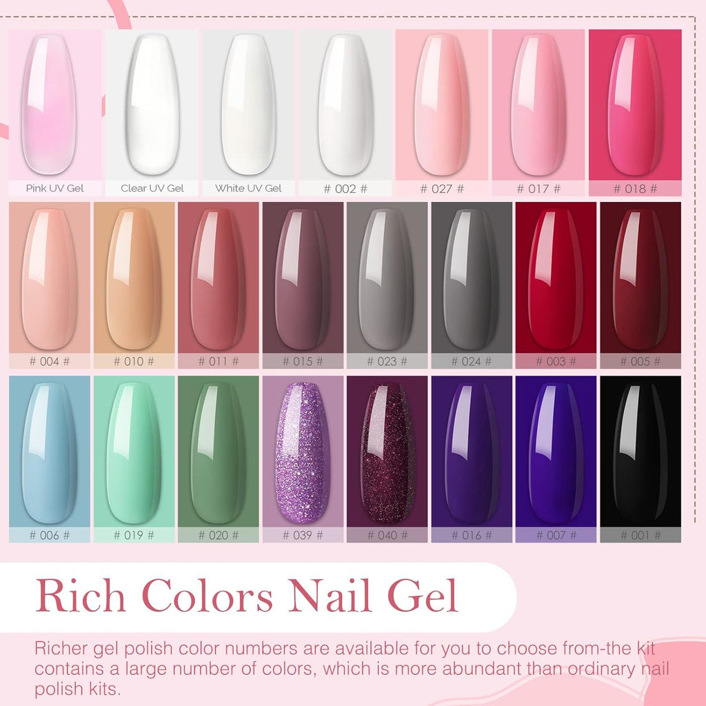 20Pcs Kit Uv Ongle Complet Kit Vernis Gel Semi Permanent 80W UV/LED Lampe Poly Extension Gel 12W Ponceuse À Ongle Ponçage Accessoires Remover Pad Nail Art Débutants Kit Manucure