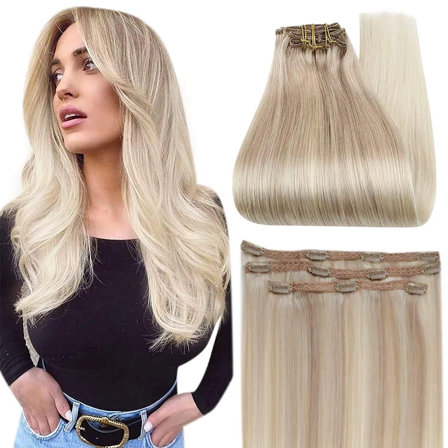 50 Grams Clip in Hair Extensions Human Hair Ombre Color 3Pcs Human Hair Clip in Extensions for Women