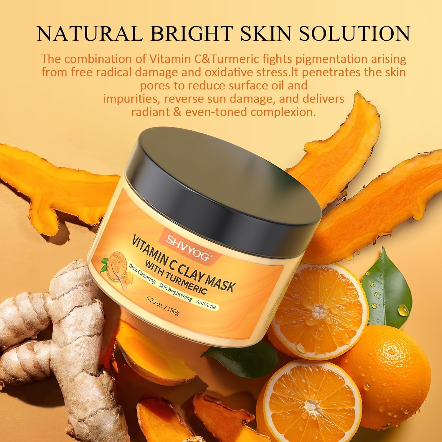 Masque À L'Argile Curcuma Et Vitamine C, Masque Facial À L'Argile Kaolin Pour Les Taches Brunes, Contrôle L'Acné, Le Sébum Et Affine Les Pores, Uniformise Le Teint, Nettoie En Profondeur 150G