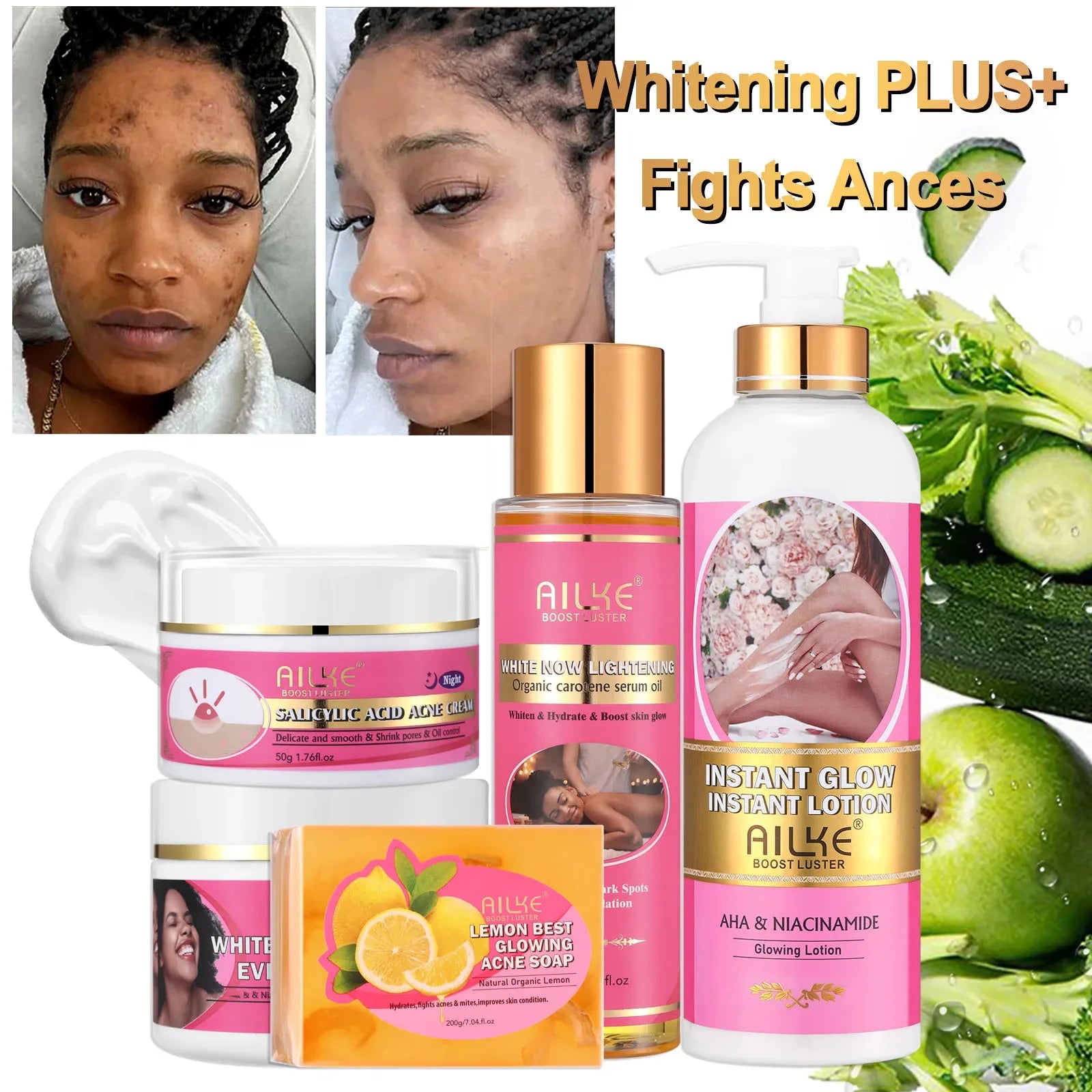 Natural Skin Brightening Set, Clean Darkness, Acne, Stains, Moisturize, Lightening, Smooth, Improve Rough and Dry Skin