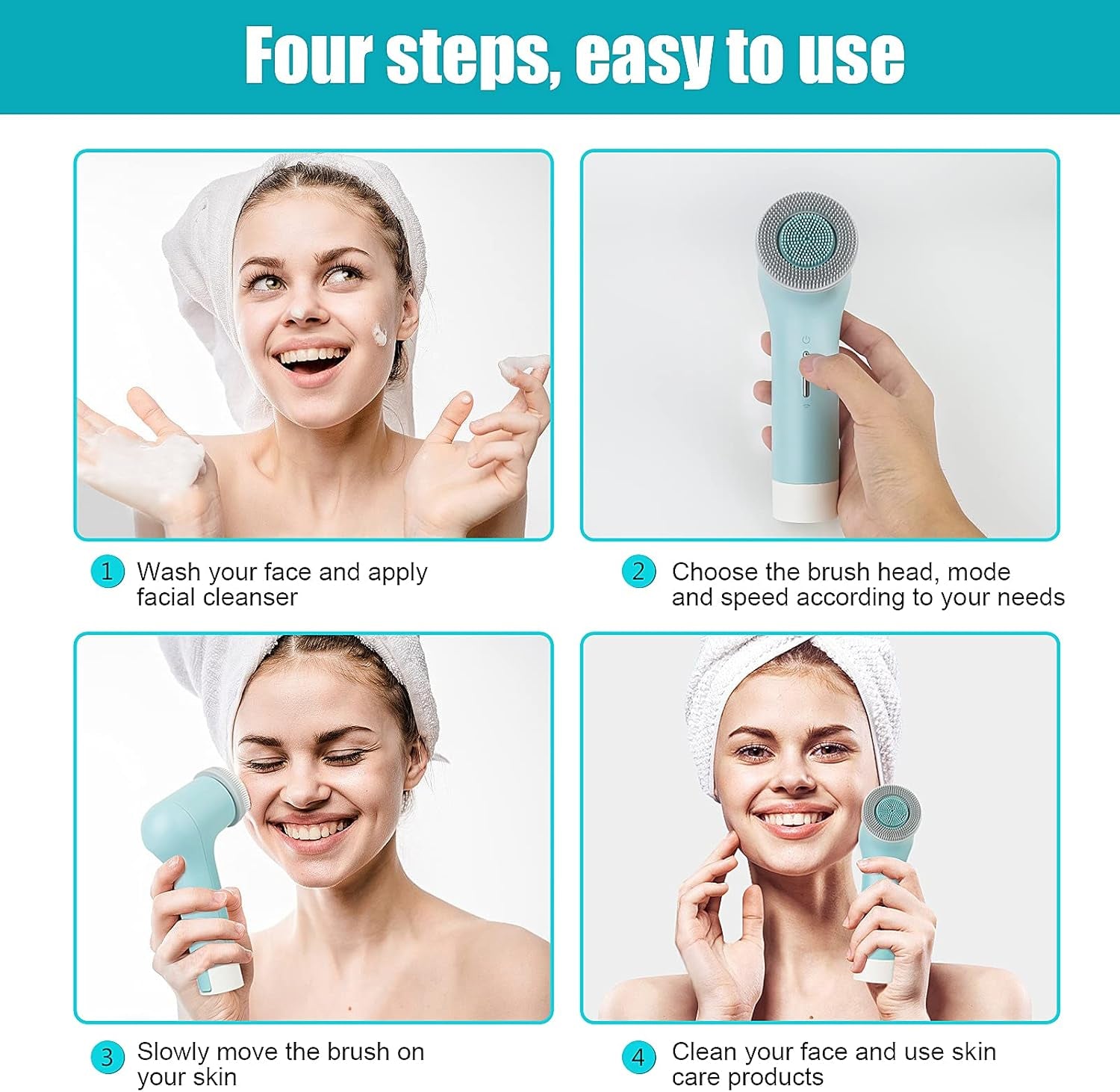 Brosse Nettoyante Visage IPX7 Etanche Appareil De Nettoyage Electrique Beauté Brosse Faciale Batterie 2500Mah Pour Tous Les Types De Peau Nettoyage En Profondeur/Exfoliation/Massage, Bleu