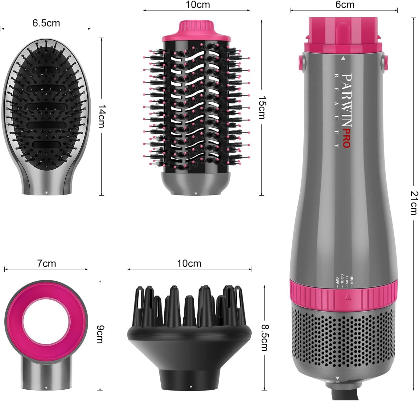 Ensemble De Styler 4 EN 1,  Brosse Soufflante Et Sèche Cheveux, Avec Accessoires, Sécher, Lisser, Donner Du Volume Coiffer, Seche Cheveux Soins Ioniques, 1000W (GRIS)