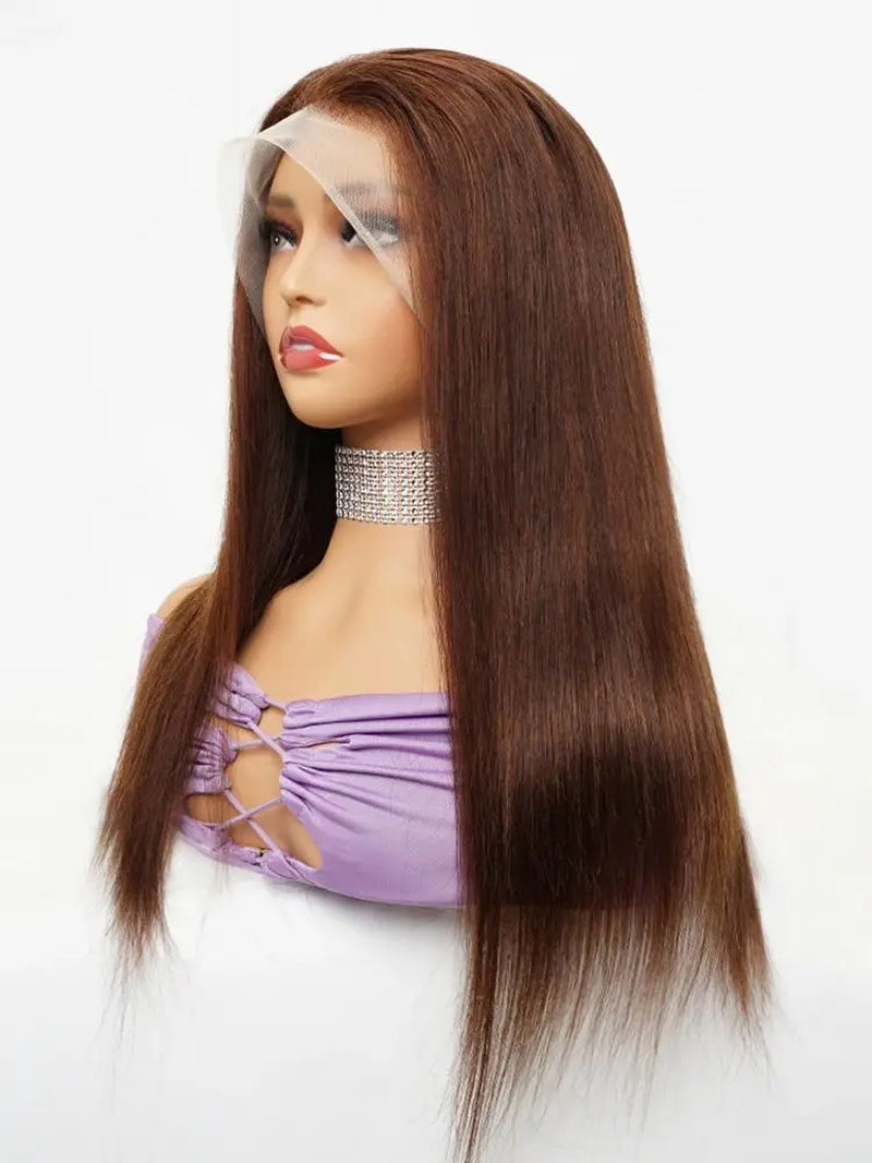 100% Human Hair Wig Brown Lace Front Wig for Women Pre-Plucked Transparent Lace Natural Hairline Silky Straight Hair BOBBI