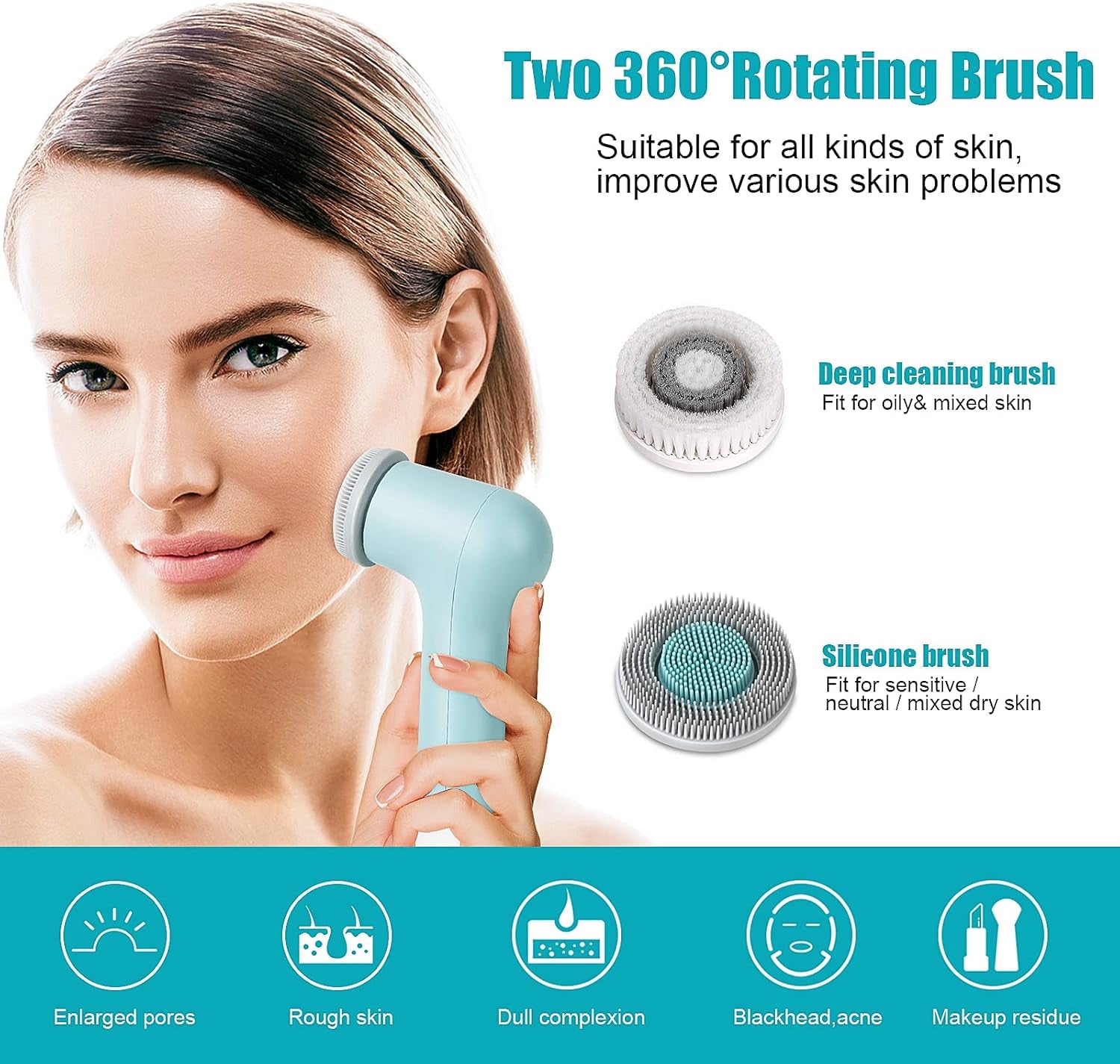 Brosse Nettoyante Visage IPX7 Etanche Appareil De Nettoyage Electrique Beauté Brosse Faciale Batterie 2500Mah Pour Tous Les Types De Peau Nettoyage En Profondeur/Exfoliation/Massage, Bleu