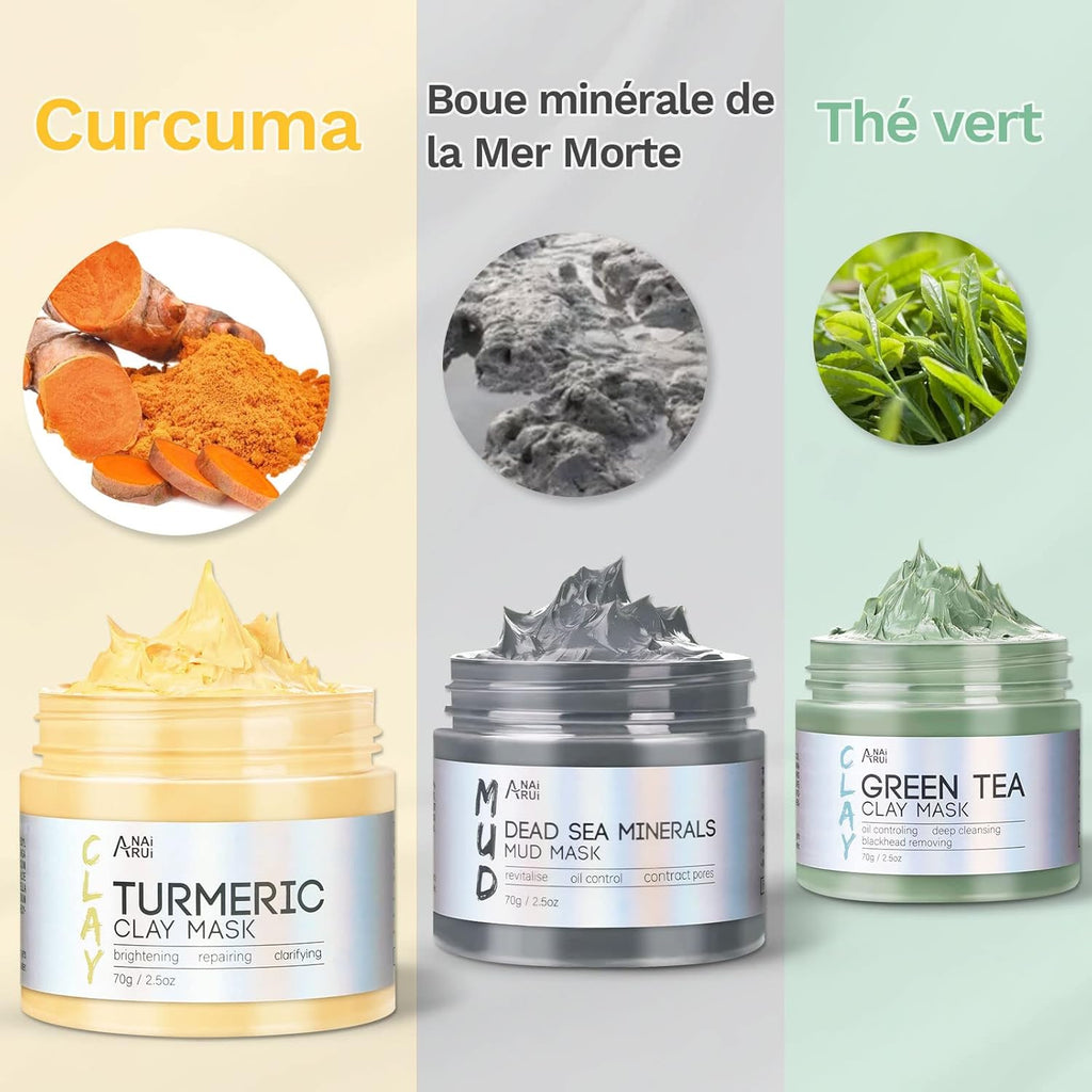 Anairui Masque Visage Au Curcuma - Masque D'Argile Détox Au Thé Vert - Masque De Boue Aux Minéraux De La Mer Morte, Masques Visage Kit, Nettoyer Et Détoxifie, 210G