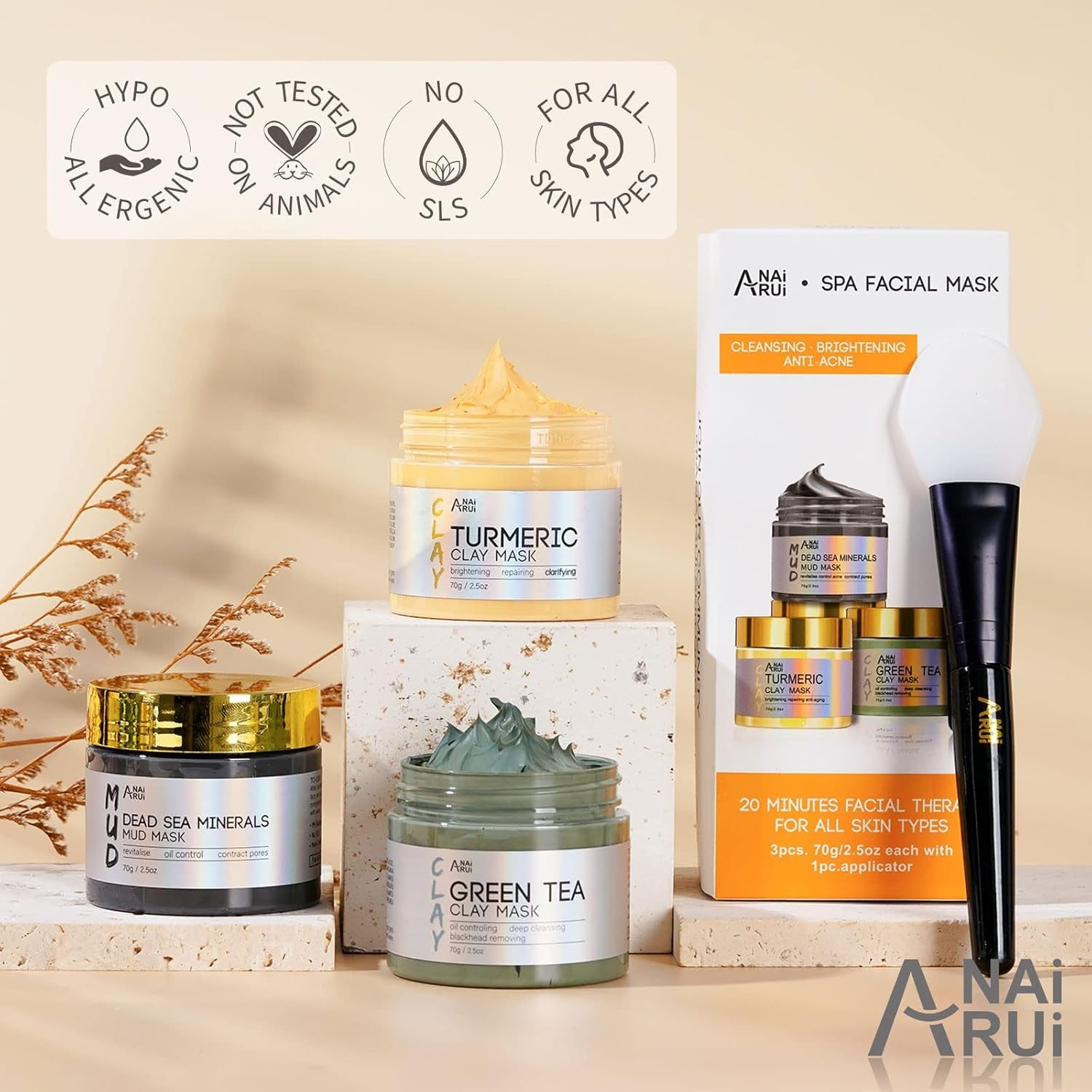 Anairui Masque Visage Au Curcuma - Masque D'Argile Détox Au Thé Vert - Masque De Boue Aux Minéraux De La Mer Morte, Masques Visage Kit, Nettoyer Et Détoxifie, 210G