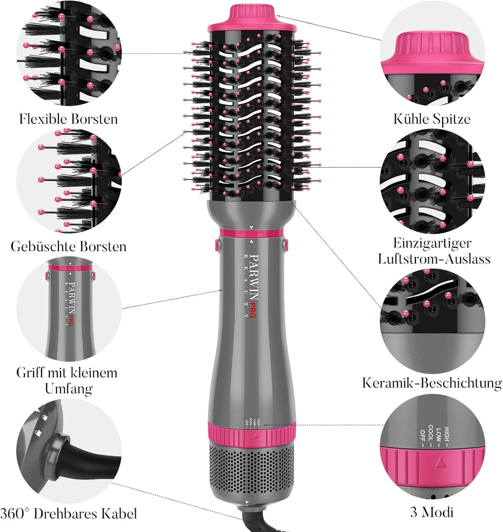 Ensemble De Styler 4 EN 1,  Brosse Soufflante Et Sèche Cheveux, Avec Accessoires, Sécher, Lisser, Donner Du Volume Coiffer, Seche Cheveux Soins Ioniques, 1000W (GRIS)