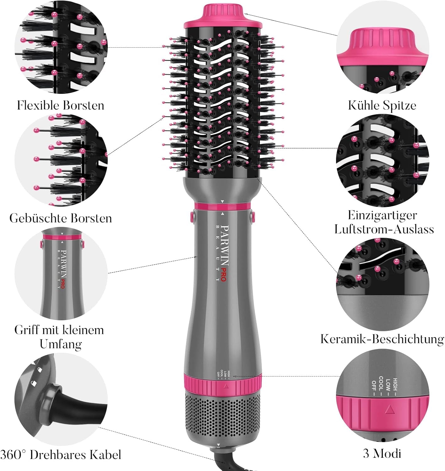 Ensemble De Styler 4 EN 1,  Brosse Soufflante Et Sèche Cheveux, Avec Accessoires, Sécher, Lisser, Donner Du Volume Coiffer, Seche Cheveux Soins Ioniques, 1000W (GRIS)