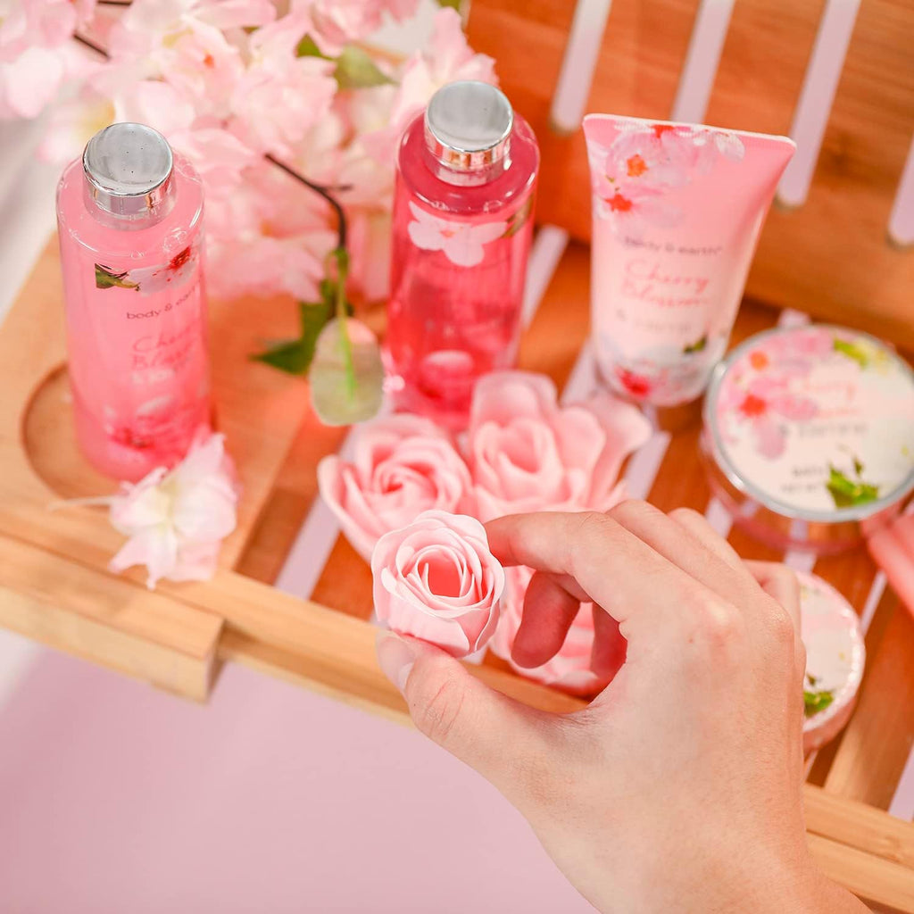 Coffret Bain Et Corps-Panier-Cadeau De 8 Pièces Au Parfum De Fleur De Cerisier Et De Jasmin, Coffret Cadeau Parfait Pour Les Femmes De L’Anniversaire, Cadeau Noel