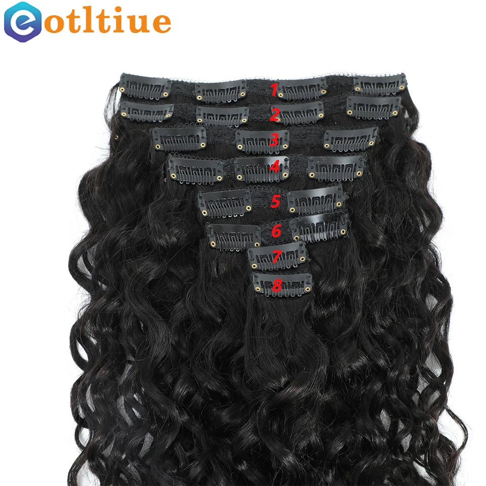 Water Wave Clip in Hair Extensions Human Hair Brazilian Human Hair 8 Pieces and 120G/Set Natural Color 12-26 Inches Remy Hair