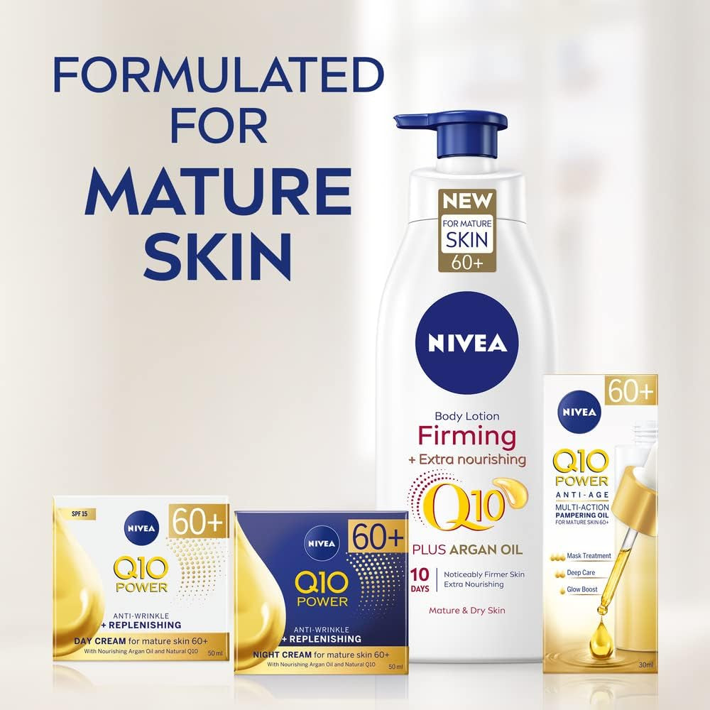 NIVEA Q10 60+ Lotion Corporelle Pour Peaux Matures (400 Ml), Crème Raffermissante Nourrissante Avec Q10 Et Huile D'Argan, Crème Hydratante NIVEA 72H Pour Peaux Vieillissantes Et Matures