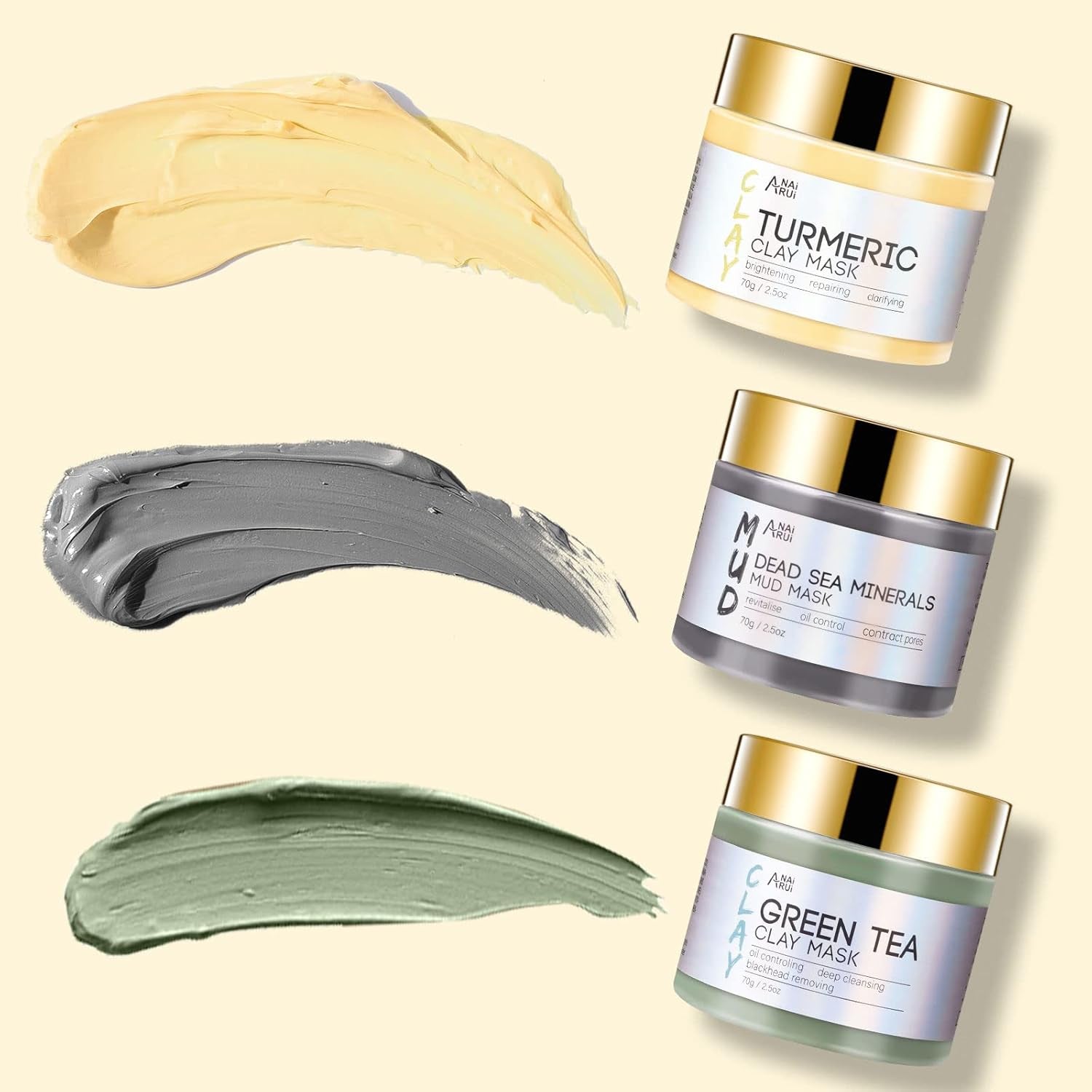 Anairui Masque Visage Au Curcuma - Masque D'Argile Détox Au Thé Vert - Masque De Boue Aux Minéraux De La Mer Morte, Masques Visage Kit, Nettoyer Et Détoxifie, 210G
