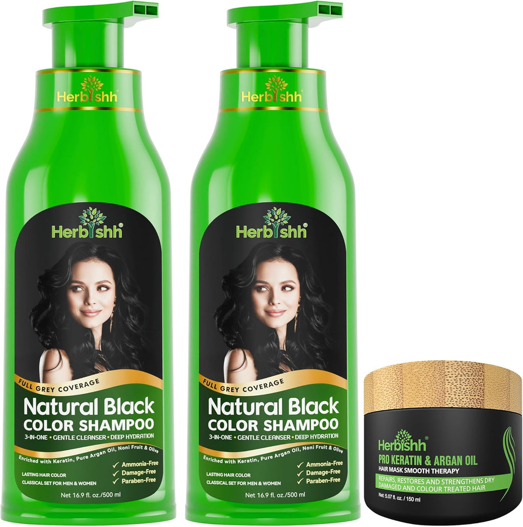 Combo Pack-2Pcs  Hair Color Shampoo for Gray Hair+ 1Pc Argan Intense Hair Mask- Hair Dye Shampoo – Colors Hair in Minutes – Long-Lasting Color– 500 Ml –Stimulates Dry Frizzy Hair (Black)