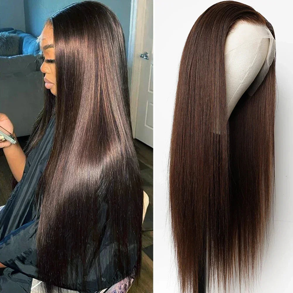 100% Human Hair Wig Brown Lace Front Wig for Women Pre-Plucked Transparent Lace Natural Hairline Silky Straight Hair BOBBI