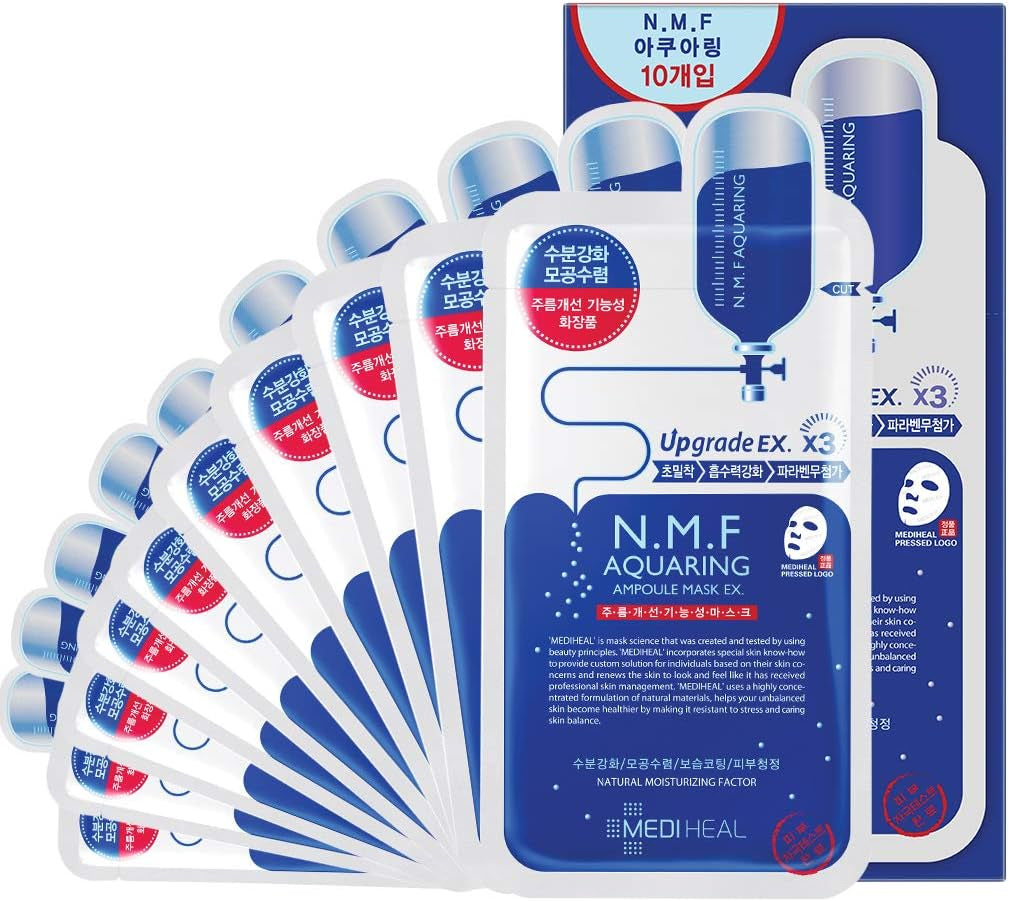 Mediheal NMF Aquaring Ampoule Masque EX. 10 Masques, Acide Hyaluronique Et Extraits D'Hamamélis, Masque Facial En Feuille De Coton
