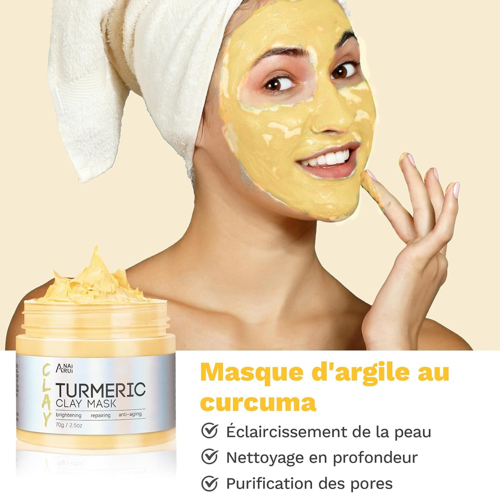Anairui Masque Visage Au Curcuma - Masque D'Argile Détox Au Thé Vert - Masque De Boue Aux Minéraux De La Mer Morte, Masques Visage Kit, Nettoyer Et Détoxifie, 210G