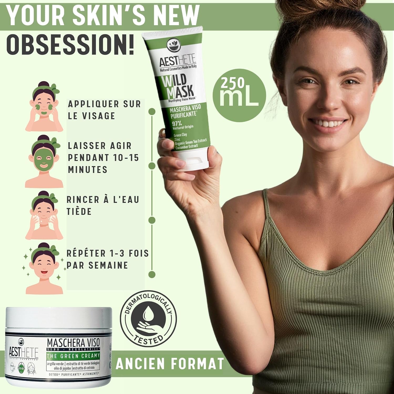 250Ml Masque Point Noir Visage Pour Femme Et Homme Avec Argile Verte Et Zinc - Stimolante Collagene - Hydratant, Purifiant, Bio - Maxi Format - Régulateur De Sébum - Anti-Imperfections & Pores Dilatés