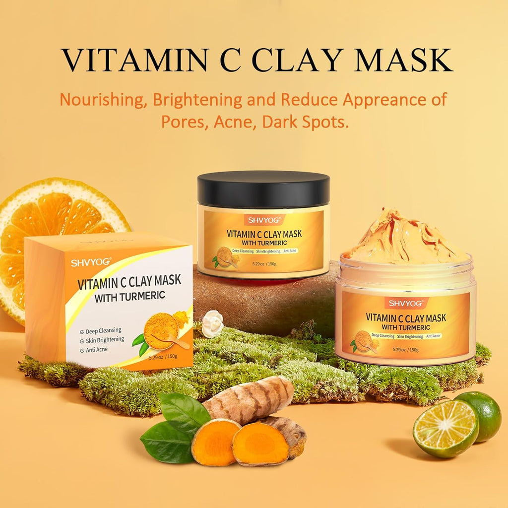 Masque À L'Argile Curcuma Et Vitamine C, Masque Facial À L'Argile Kaolin Pour Les Taches Brunes, Contrôle L'Acné, Le Sébum Et Affine Les Pores, Uniformise Le Teint, Nettoie En Profondeur 150G