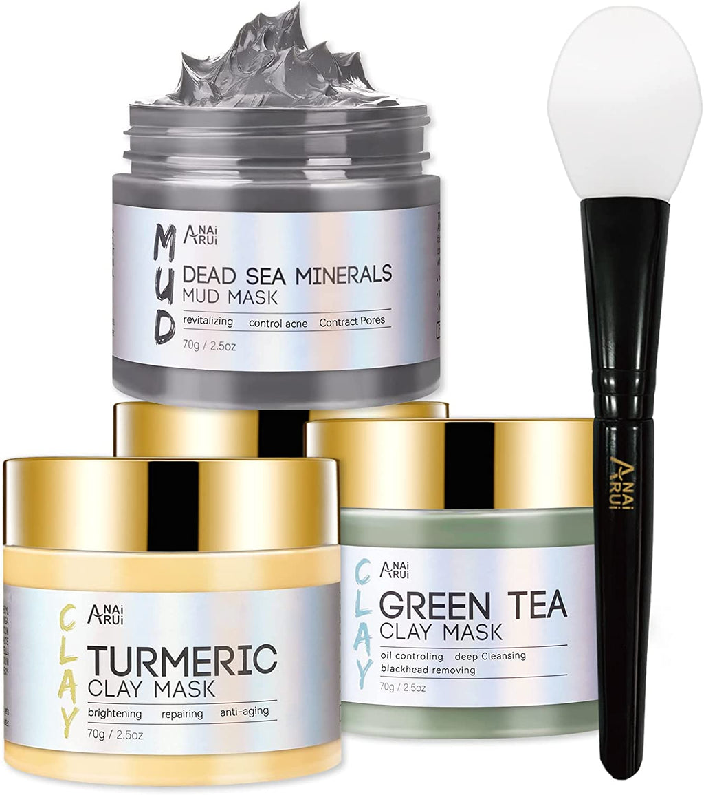 Anairui Masque Visage Au Curcuma - Masque D'Argile Détox Au Thé Vert - Masque De Boue Aux Minéraux De La Mer Morte, Masques Visage Kit, Nettoyer Et Détoxifie, 210G
