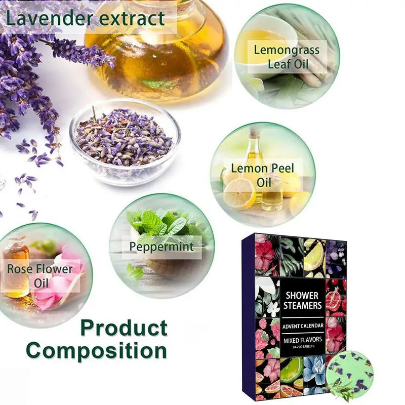 24Pcs Shower Steamers Advent Calendar Kit Aromatherapy Shower Bombs Self Care and Relaxation Stress Relief Bath Bombs