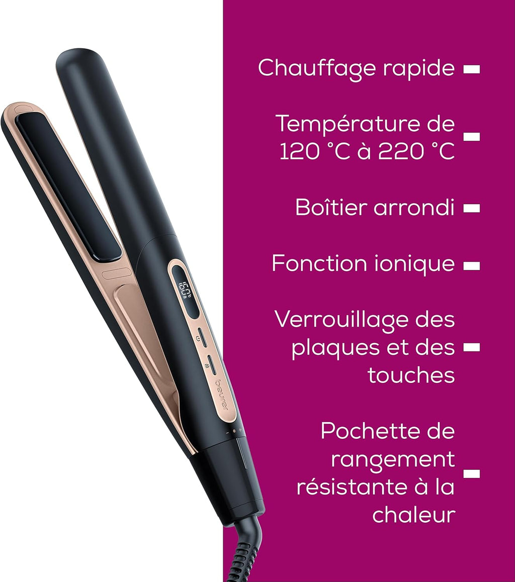HS 100 Lisseur Avec Chauffage Rapide En 12 Secondes, Fer À Lisser Avec Revêtement Céramique, Fonction Ionique Pour Des Cheveux Brillants, Bords Arrondis Pour Les Styles De Boucles
