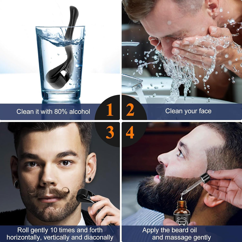 Ebeizi Derma Roller Pour La Croissance De La Barbe Avec Sérum De Croissance De La Barbe, Stimuler La Croissance De La Barbe Et Des Cheveux, Derma Roller De 0,5 Mm Pour Homme