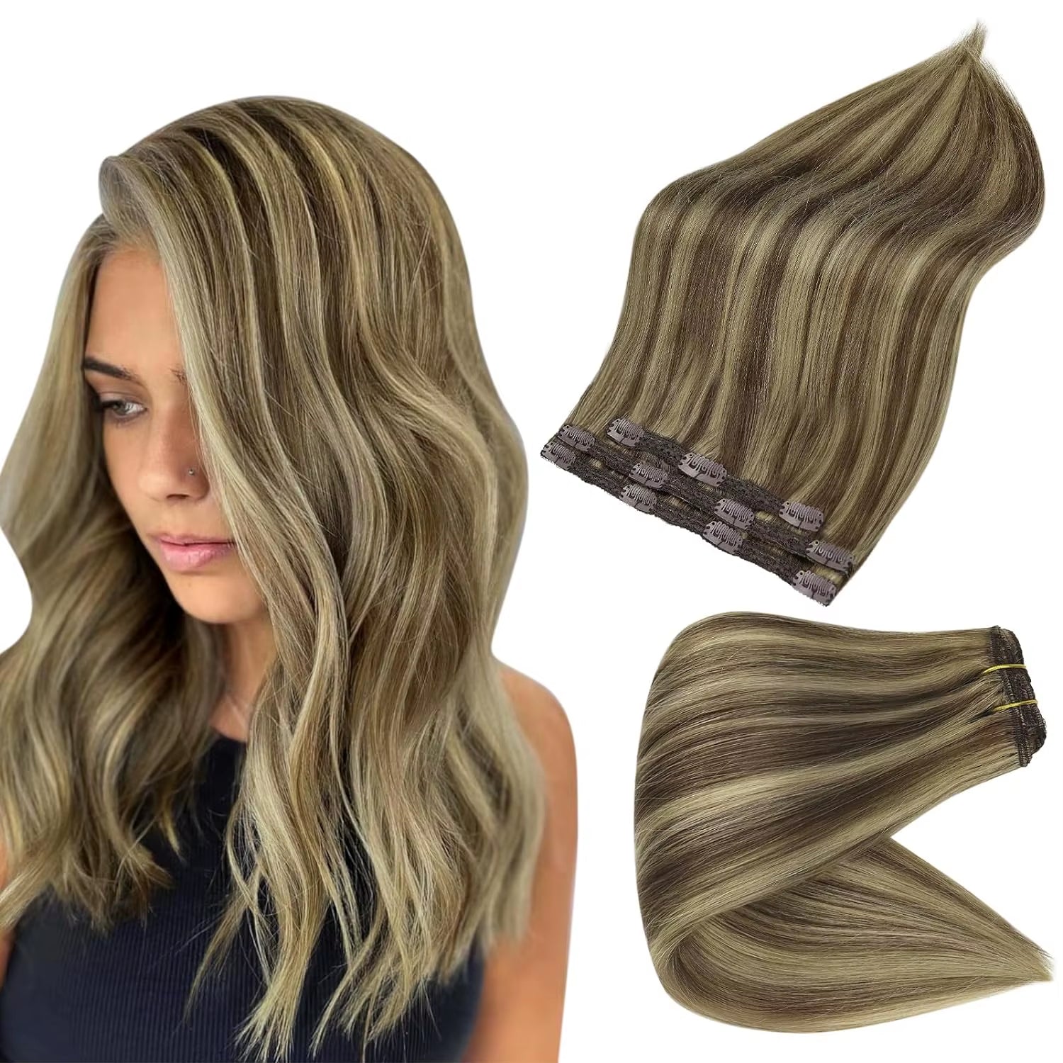 50 Grams Clip in Hair Extensions Human Hair Ombre Color 3Pcs Human Hair Clip in Extensions for Women