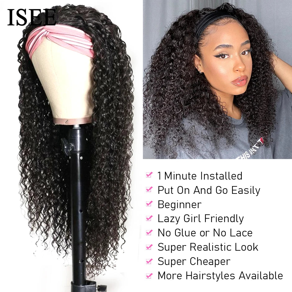 Kinky Curly Women'S Headband Wig  HAIR Scarf Wig Brazilian Human Hair Wig Sale Deep Curly Headband Wig Natural Hair No GLUE