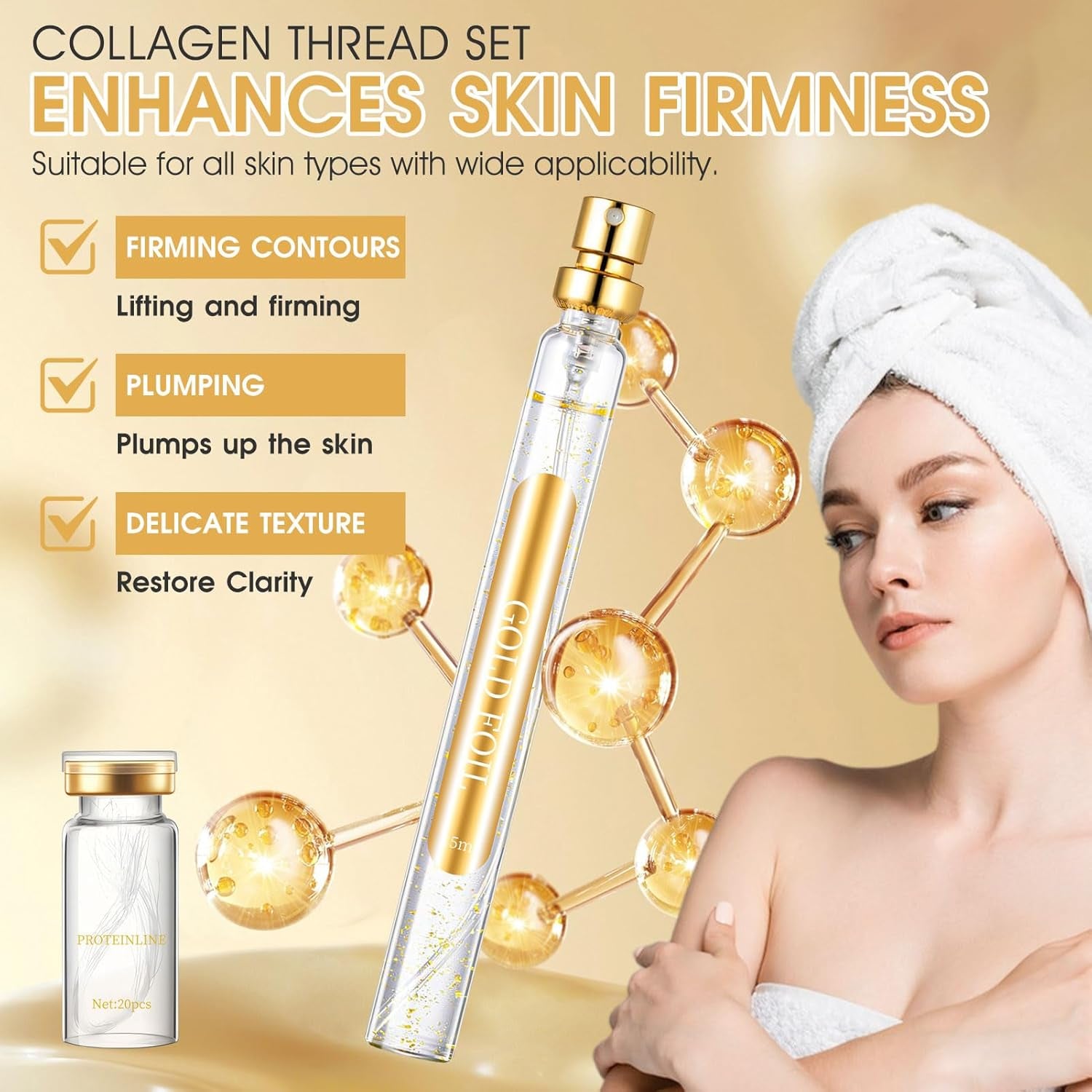 Allony Fil De Soie Collagene, Fil De Collagene Pour Le Visage, 75Ml Serum Visage+20Pcs Fils De Collagène Résorbables, Lifting Visage, Améliorer La Peau En Général
