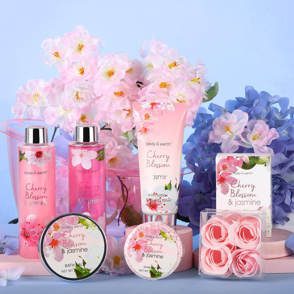 Coffret Bain Et Corps-Panier-Cadeau De 8 Pièces Au Parfum De Fleur De Cerisier Et De Jasmin, Coffret Cadeau Parfait Pour Les Femmes De L’Anniversaire, Cadeau Noel