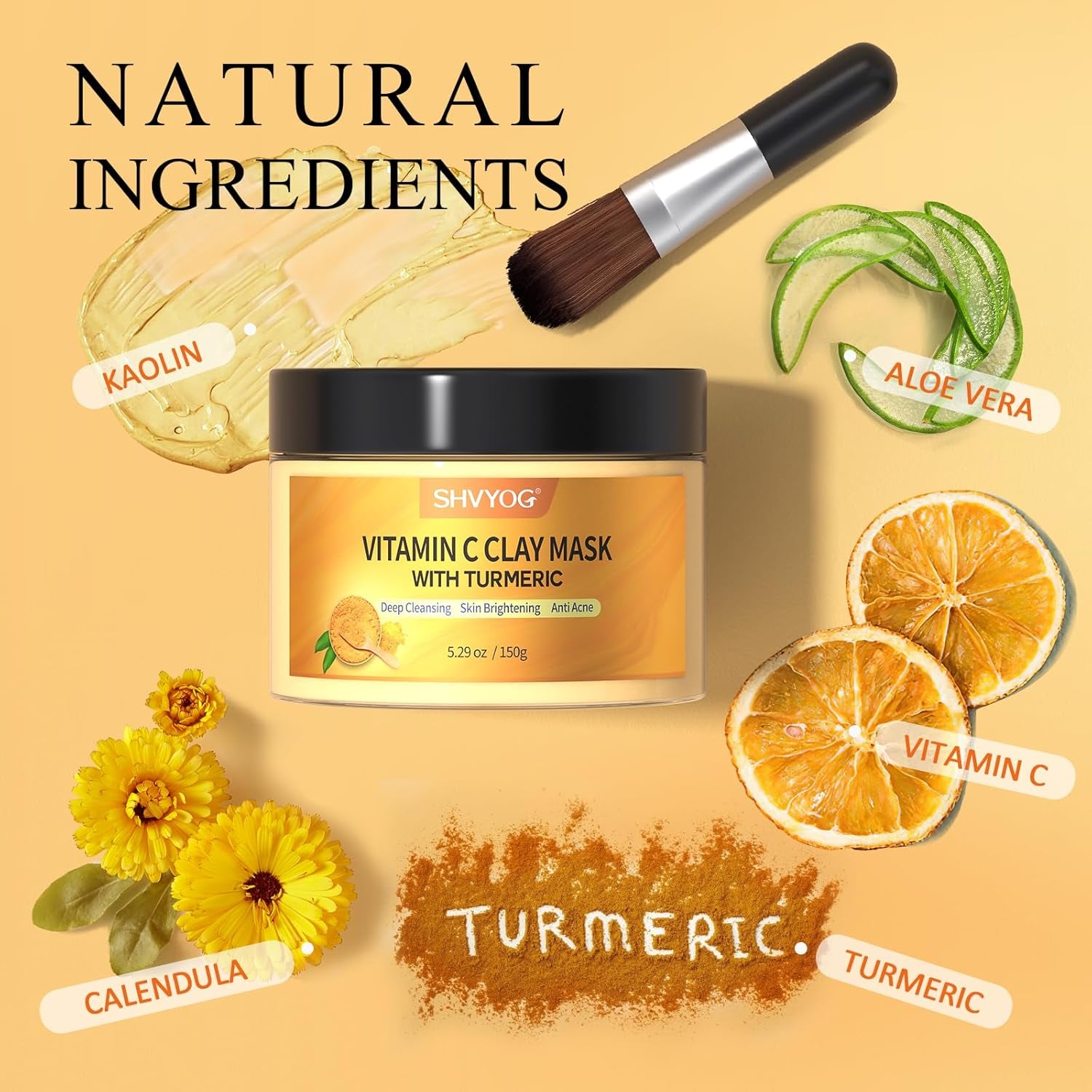 Masque À L'Argile Curcuma Et Vitamine C, Masque Facial À L'Argile Kaolin Pour Les Taches Brunes, Contrôle L'Acné, Le Sébum Et Affine Les Pores, Uniformise Le Teint, Nettoie En Profondeur 150G