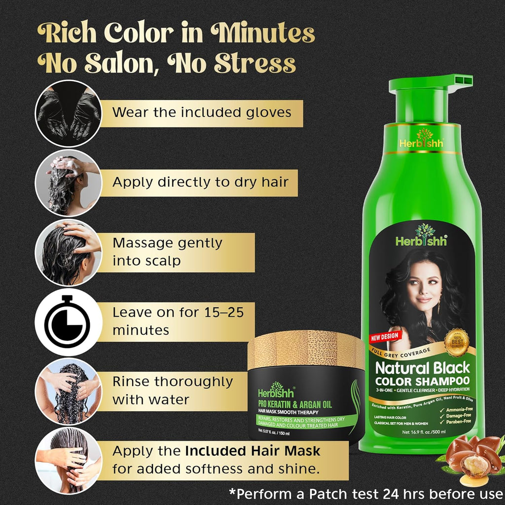 Combo Pack-2Pcs  Hair Color Shampoo for Gray Hair+ 1Pc Argan Intense Hair Mask- Hair Dye Shampoo – Colors Hair in Minutes – Long-Lasting Color– 500 Ml –Stimulates Dry Frizzy Hair (Black)
