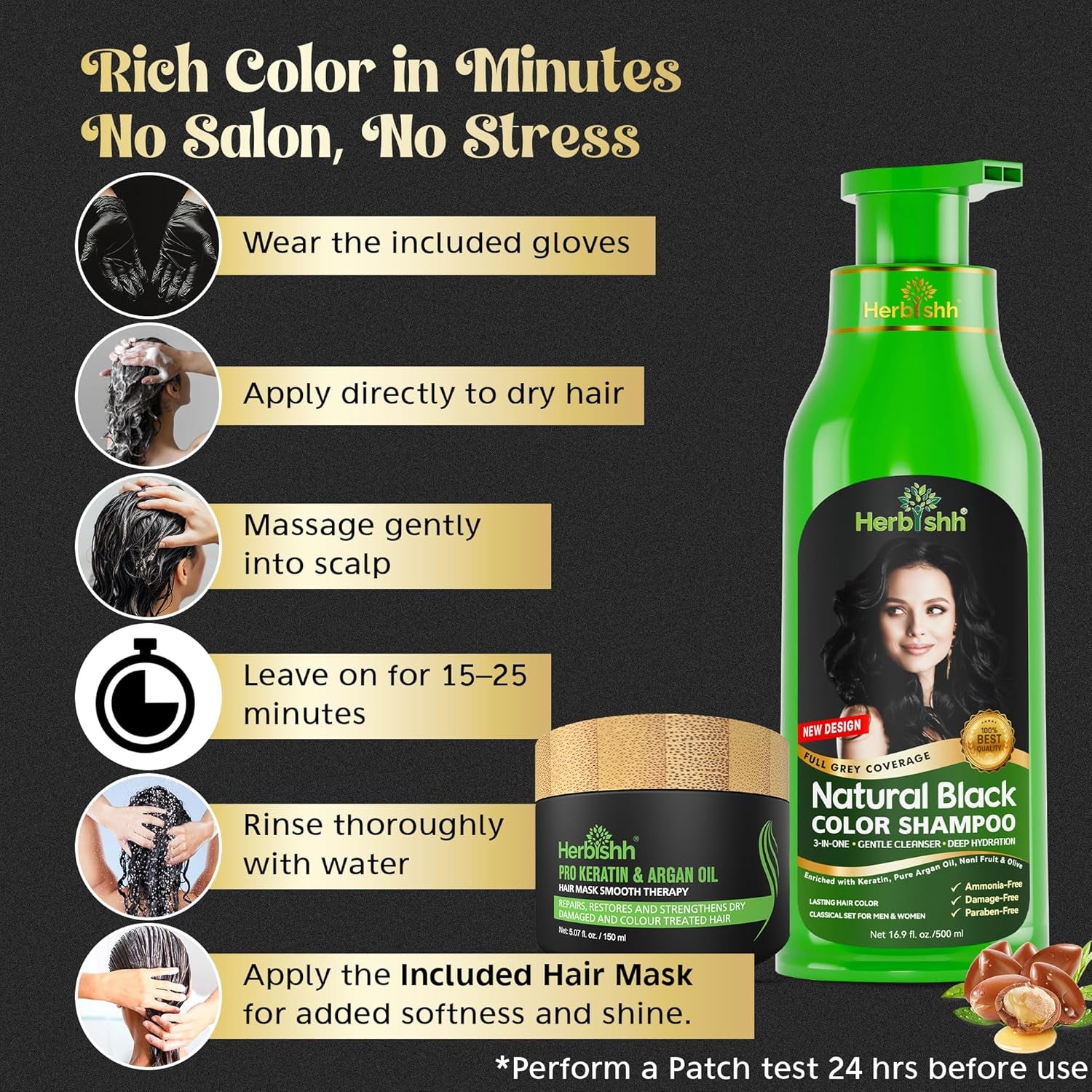 Combo Pack-2Pcs  Hair Color Shampoo for Gray Hair+ 1Pc Argan Intense Hair Mask- Hair Dye Shampoo – Colors Hair in Minutes – Long-Lasting Color– 500 Ml –Stimulates Dry Frizzy Hair (Black)