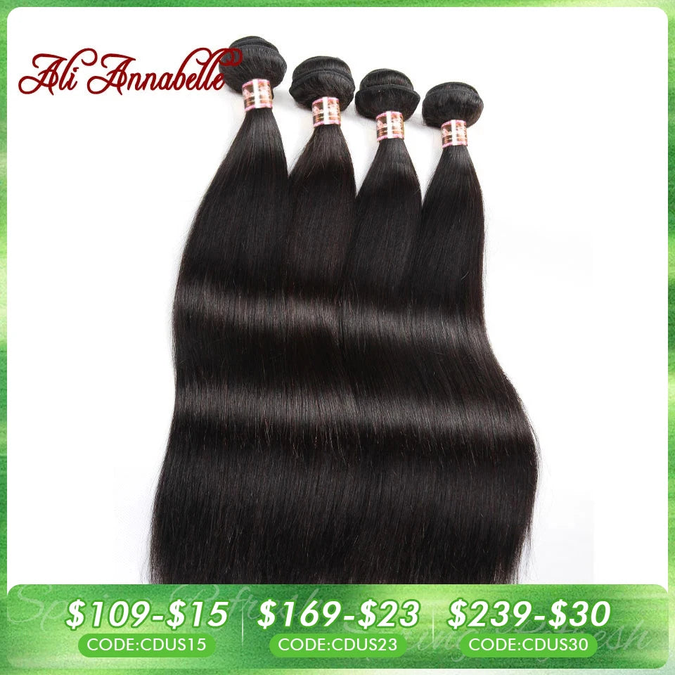 ALI ANNABELLE Straight Human Hair Bundles 30 28 26 Inch 1 3 4 Bundles Deals Natural Color Long Peruvian Hair Weave Bundles