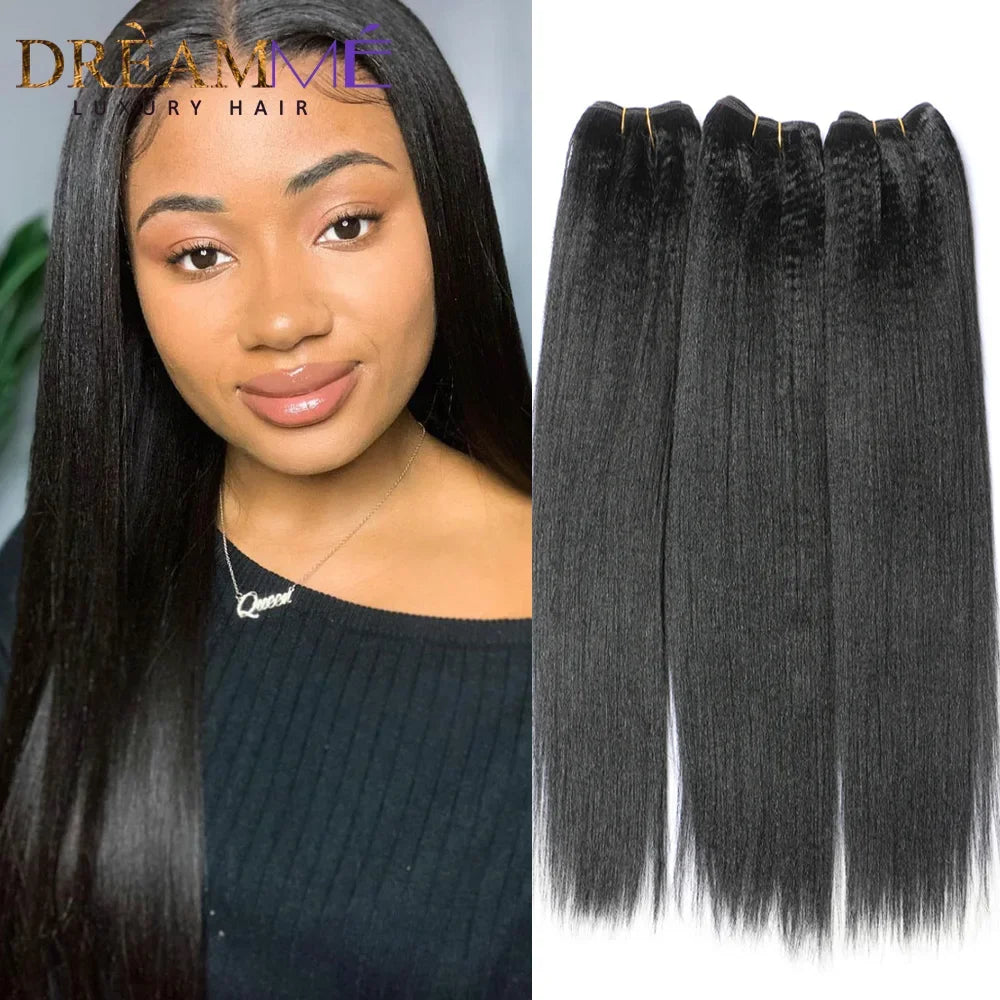 Light Yaki Straight Hair Bundles 3/4 Pieces Kinky Straight Human Hair Bundles 8-30 Inch Remy Human Hair Extensions for Women