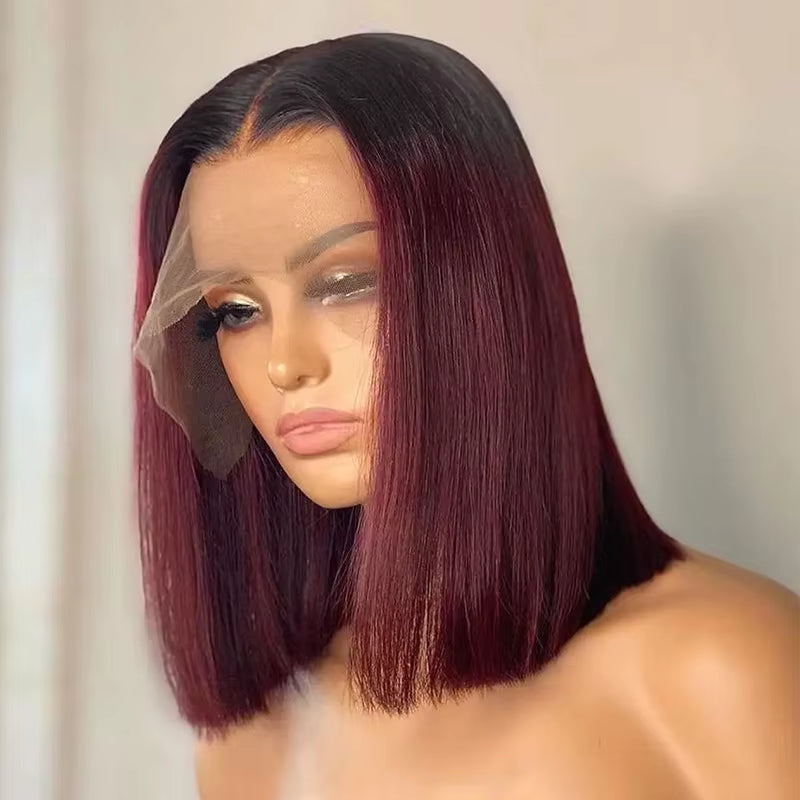1B/99J Burgundy Short Straight Bob Human Hair Wigs Brazilian Lace Front Human Hair Wigs Pre Plucked T Part Lace Wigs Remy Hair