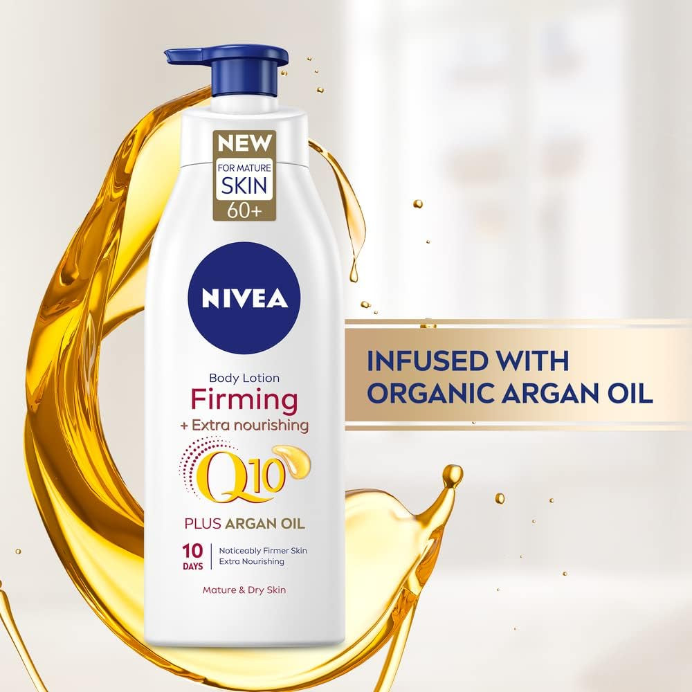 NIVEA Q10 60+ Lotion Corporelle Pour Peaux Matures (400 Ml), Crème Raffermissante Nourrissante Avec Q10 Et Huile D'Argan, Crème Hydratante NIVEA 72H Pour Peaux Vieillissantes Et Matures