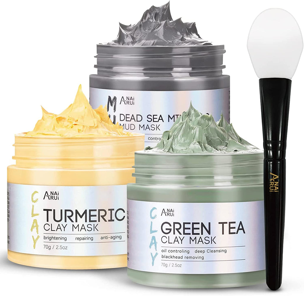 Anairui Masque Visage Au Curcuma - Masque D'Argile Détox Au Thé Vert - Masque De Boue Aux Minéraux De La Mer Morte, Masques Visage Kit, Nettoyer Et Détoxifie, 210G