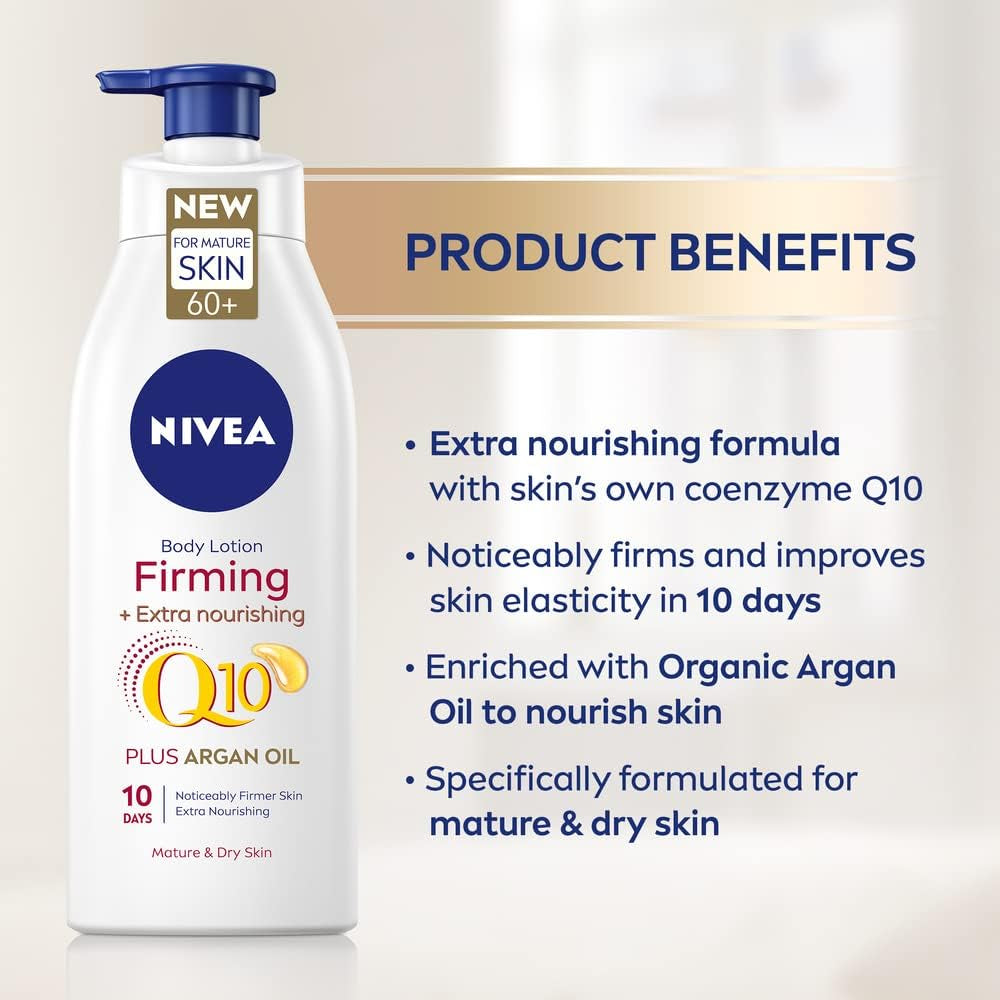 NIVEA Q10 60+ Lotion Corporelle Pour Peaux Matures (400 Ml), Crème Raffermissante Nourrissante Avec Q10 Et Huile D'Argan, Crème Hydratante NIVEA 72H Pour Peaux Vieillissantes Et Matures