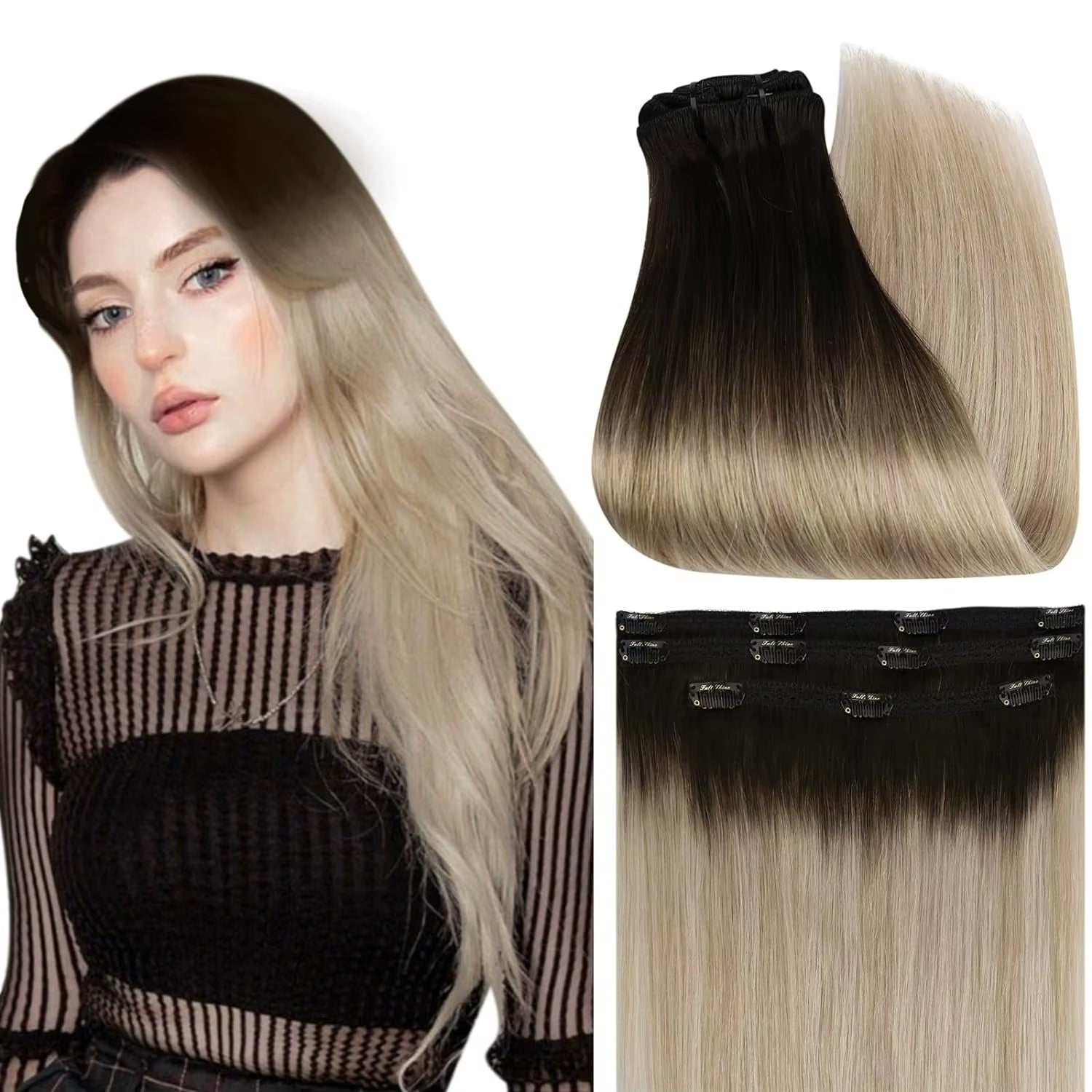 50 Grams Clip in Hair Extensions Human Hair Ombre Color 3Pcs Human Hair Clip in Extensions for Women